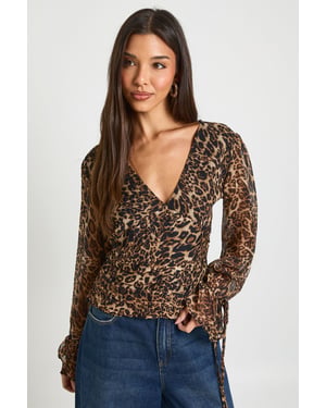 Leopard Chiffon Tie Cuff Blouse