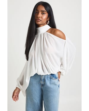 Chiffon Cold Shoulder Volume Sleeve Blouse