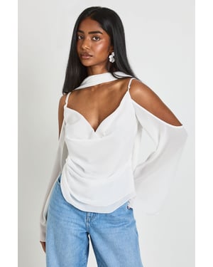 Chiffon Cold  Shoulder Scarf Detail Blouse