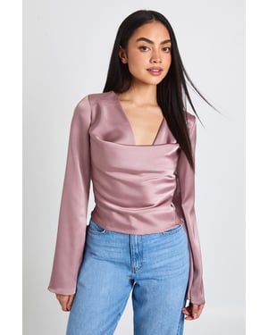 Long Sleeve Satin Cowl Neck Top