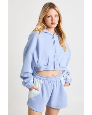 Petite Contrast Panel Zip Through Hooded Short Tracksuit