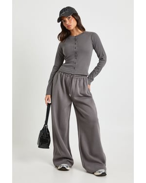Petite Rib Button Through Long Sleeve Tracksuit