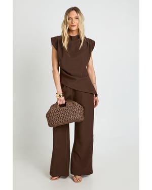 Petite Asymmetric Shoulder Pad Top & Straight Leg Trouser Co-Ord