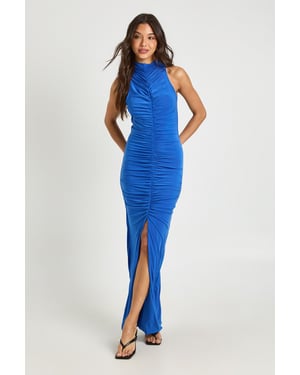 Double Layer Ruched Bodice Front Split Maxi Dress