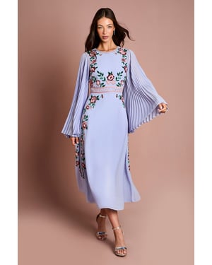 Pleated Sleeve Beaded Floral Midi Dress