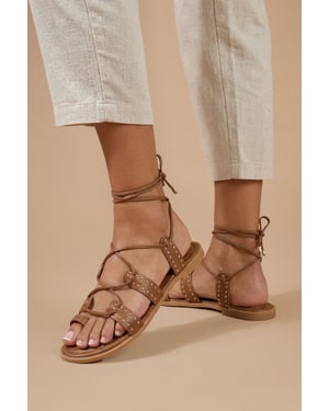 Carla Faux Leather Studded Gillie Wrap Flat Sandals