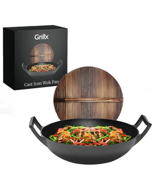GrillX Wokpan gietijzer met houten deksel Ø 36cm gietijzeren wadjan bbq