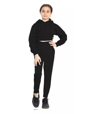 Girls Black Tracksuit Set Crop Zipped Kids Hooded Long Sleeve Trouser