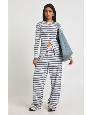 Stripe Rib Button Through Long Sleeve Top & Trouser Co Ord