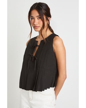 Linen Look Pleated Tie Front Smock Top