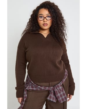 Plus Collared V Neck Knit Top