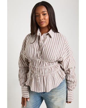 Plus Pinstripe Poplin Shirred Waist Shirt