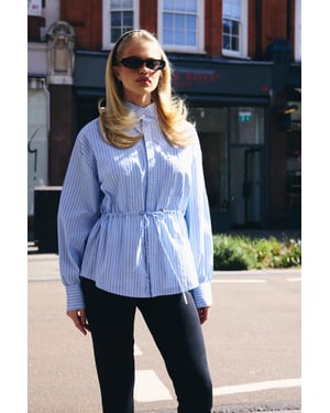 Stripe Cinched Waist Funnel Neck Shirt