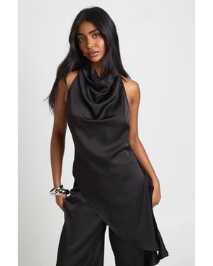 Satin Cowl Neck Asym Hem Top