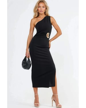 Asymmetrical Collar Midi Dress with Accessory Details