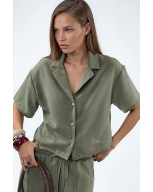 Gestructureerde Cropped Shirt met Knopsluiting