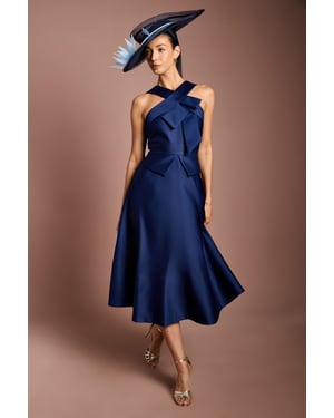 Lisa Tan Cross Neck Structured Satin Bow Detail Midi Dress