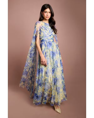 Pleated Mesh Printed Cape Maxi Dress With Gemstone