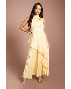 Petite Sleeveless Ruffle Pleat Satin Back Crepe Dress