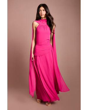 High Neck Cape Georgette Midi Dress