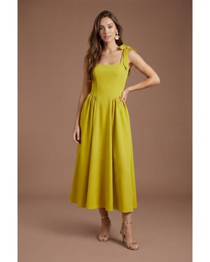 Sleeveless Crepe Midi Dress With Bow Detail Straps