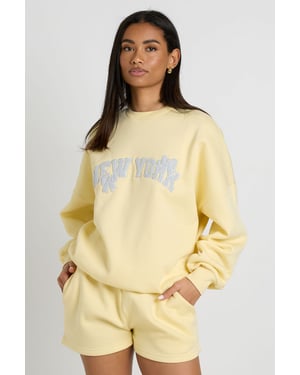 New York Bow Applique Crew Neck Sweatshirt Short Tracksuit