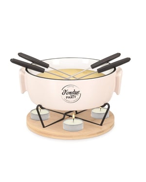 Casa di Elturo Fondue set voor 4 personen – porseleinen fonduepan met bamboe onderplaat –