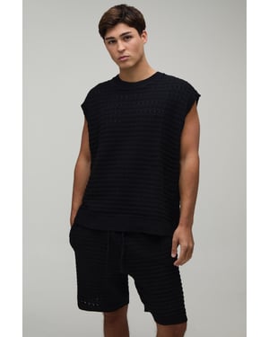Oversized Open Stitch Cotton Blend Knitted Tank Short Set