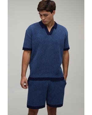 Relaxed V Neck Ribbed Polo and Short Knitted Set