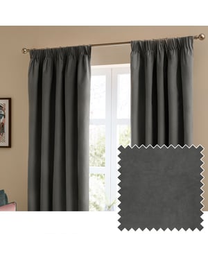 Furn The Ultimate Velvet Blackout Pencil Pleat Curtain Pair, Charcoal