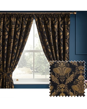 Paoletti Shiraz Floral Pencil Pleat Curtain Pair, Black