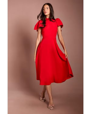 Bow Shoulder Crepe Midi Dress