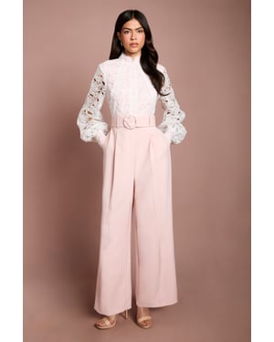 Organza Lace Belted Long Sleeve Jumpsuit