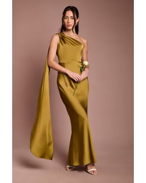 One Shoulder Satin Maxi Bridesmaid Dress With Gold Trim