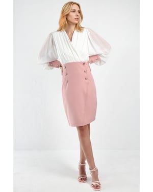 V-hals Midi Jurk met Knopdetail