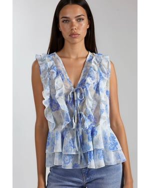 Floral V-Neck Chiffon Blouse with Tie Closure