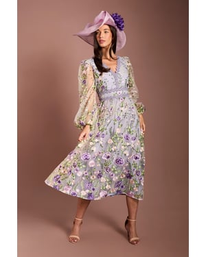 Lisa Tan Long Sleeve Embroidered Mesh Midi Dress