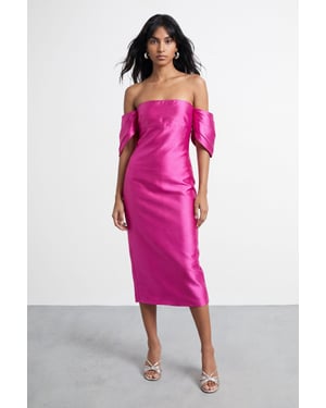 Petite Structured Puff Sleeve Bardot Midi Dress