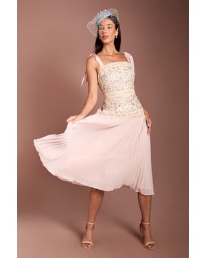 Lisa Tan Embroidered Mesh Pleated Skirt Midi Dress