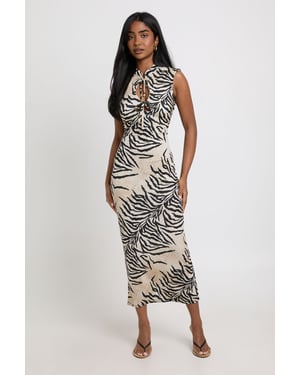 Tonal Zebra High Heck Tie Front Maxi Dress