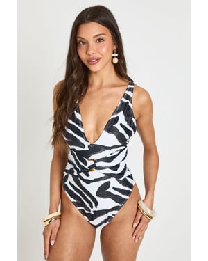 Zebra Print Tummy Control O-ring Plunge Swimsuit