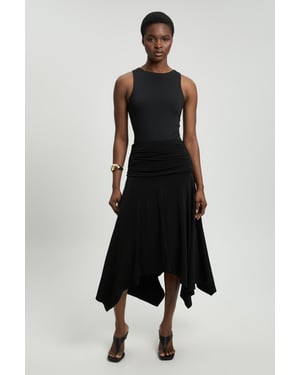 Stretch Drapey Crepe Ruched Hanky Hem Midi Skirt