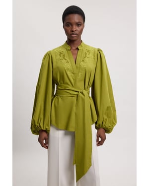 Poplin Embroidered Detail Belted Blouse