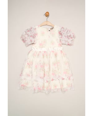 Floral Mesh Dress with Ruffle Sleeves