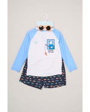 Seagull Long Sleeve Swim Top, Shorts and Sunglasses Swimwear Set