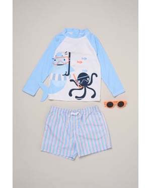 Shark and Octopus Long Sleeve Top, Shorts and Sunglasses Swimwear Set