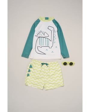 Dinosaur Long Sleeve Swim Top, Shorts and Sunglasses Swimwear Set