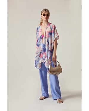 Blue Iris Print Beach Kaftan Cover-Up