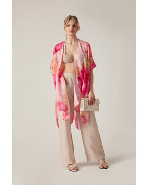 Pink Peony Floral Print Beach Kaftan Cover-Up
