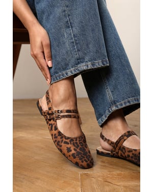 Wheres That From Womens Alena Wide Fit Double Strap Backless Mary Jane Flats in Leopard Suede